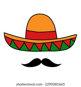 Mexican hat sombrero with moustache, doodle style vector