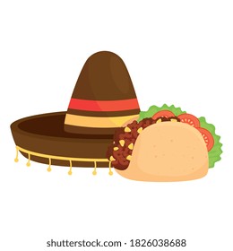 mexican hat with taco food in white background vector illustration design