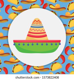mexican hat with tacos chili pepper traditional event decoration background mexico vector illustration