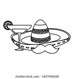 mexican hat traditional with mustache and cocktail vector illustration design