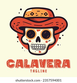 Mexican hat-clad cute skull in a cartoon logo, Calavera mascot hand-drawn doodle illustration