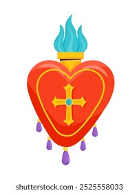 Mexican heart concept. Red heart with blue flame and cross. Religion and faith, belief. Spiritual holiday and vacation. Social media sticker. Flat vector illustration isolated on white background