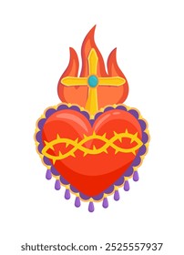 Mexican heart concept. Red heart with flame and golden cross. Religion and faith, belief. Spiritual holiday and vacation. Template and layout. Flat vector illustration isolated on white background