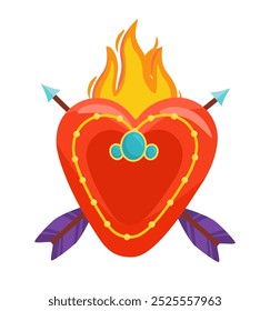 Mexican heart concept. Red heart with flame. Religion and faith, belief. Spiritual holiday and vacation. Poster or banner. Flat vector illustration isolated on white background