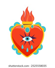 Mexican heart concept. Red heart with flame and eye. Religion and faith, belief. Spiritual holiday and vacation. Graphic element for website. Flat vector illustration isolated on white background