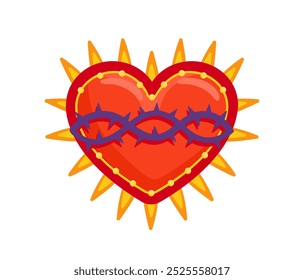 Mexican heart concept. Red heart with orange burned patterns and chains. Religion and faith, belief. Spiritual holiday and vacation. Flat vector illustration isolated on white background