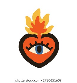 Mexican heart with esoteric watching eye and fire flame crown. Mexico corazon, love symbol for Valentine day. Folk sacred design element. Flat vector illustration isolated on white background