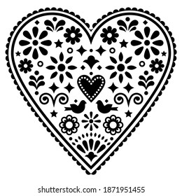 Mexican heart folk art vector design, monochrome Valentine's Day or wedding invitation greeting card with birds and flowers.  
Happy  heart background inspired by traditional art from Mexico in black 