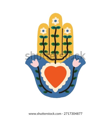Mexican heart symbol in hand shape. Sacred folk corazon with floral ornament, patterned frame, flowers, leaves. Valentine love, protection amulet. Flat vector illustration isolated on white background
