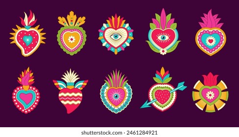 Mexican hearts. Authentic symbols eyes and decorative hearts religious decoration recent vector love symbols collection