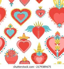 Mexican hearts background. Heart with fire and eyes, gods love symbol. Mexico design print, decent sacred decorative vector seamless pattern
