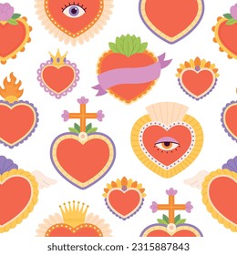 Mexican hearts seamless pattern, heart fabric print. Mexico style sacred elements background, love and flowers spiritual racy vector texture