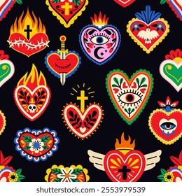 Mexican hearts seamless pattern. Sacred memorial symbols, patterned love charms, traditional spiritual elements. Decor textile, wrapping, wallpaper. Print for fabric, tidy vector background