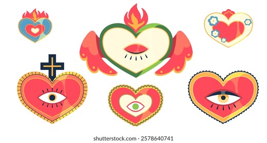 Mexican hearts set isolated on white background. Vector cartoon illustration of sacred symbol of Jesus love, red signs decorated with eye, wings, cross, fire crown, collection of religious stickers