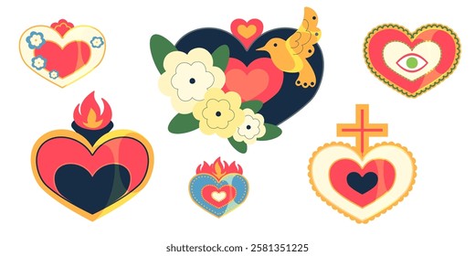 Mexican hearts set isolated on white background. Vector cartoon illustration of sacred symbol of Jesus love, red signs decorated with eye, bird, cross, fire crown, collection of religious stickers