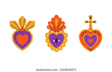 Corazones mexicanos listos. El México sagrado ama los símbolos. Sagrados corazones religiosos en fuego, flama, flor, corona, ojo, daga. Decoraciones de San Valentín. Ilustraciones vectoriales planas aisladas sobre fondo blanco