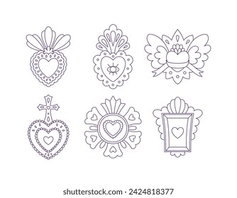 Mexican hearts set. Sacred Mexico love symbols. Holy religious corazons in fire, flame, flower, crown, eye, dagger. Valentine decorations. Flat vector illustrations isolated on white background