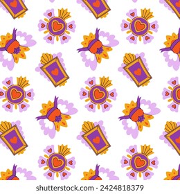 Mexican hearts set. Sacred Mexico love symbols. Holy religious corazons. Seamless vector pattern background for textile, fabric, wallpaper, wrapping.