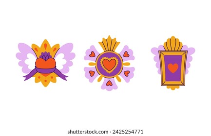 Mexican hearts set. Sacred Mexico love symbols. Holy religious corazons in fire, flame, flower, crown, eye, dagger. Valentine decorations. Flat vector illustrations isolated on white background