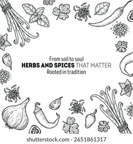 Mexican herbs and spices hand drawn vector illustration. Aromatic plants. Hand drawn food sketch. Vintage illustration. Card design. Sketch style. Spice and herbs black and white design.