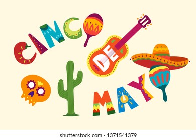 Mexican holiday 5 may celebration Cinco De Mayo. Beautiful vector illustration with cartoon design template. Traditional Latin America funny symbols skull, guitar, flowers, red pepper, cactus