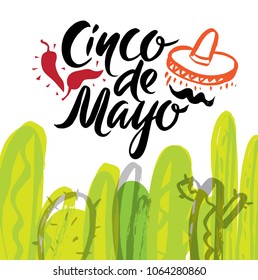 Mexican holiday 5 may Cinco De Mayo. Vector template with hand drawn text Cinco De Mayo,  flowers, cacti, red pepper, maracas and sombrero. For poster, invitation, banner, post card, social media.