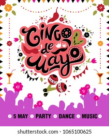 Mexican holiday 5 may Cinco De Mayo. Vector template with hand drawn text Cinco De Mayo,  flowers, cacti, red pepper, maracas and sombrero. For poster, invitation, banner, post card, social media.