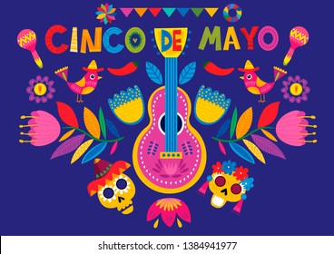 Mexican holiday 5 may Cinco De Mayo. Mexican Holiday banner, poster and party invitation design with traditional Mexican guitar, symbols, skull and flowers