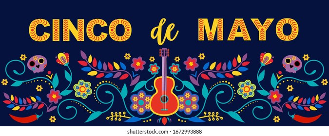 Mexican holiday 5 may Cinco De Mayo. Vector template with traditional Mexican symbols. Fiesta banner and poster design with flags, flowers, decorations.