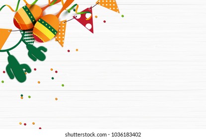 Mexican holiday background. Bunting flags, macaras, confetti on white wooden background. Top view. Vector illustration