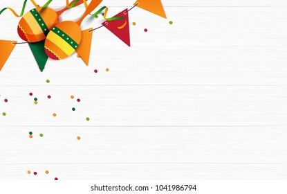 Mexican holiday background. Bunting flags, macaras, confetti on white wooden background. Top view. Vector illustration