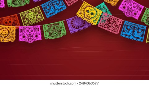 Mexikanischer Feiertagshintergrund mit Papierschnitt Papel Picado Flaggen Girlanden. Vektorgrafik Festliche Jagdfahnen von Cinco de Mayo und Dia De Los Muertos mit Catrina Calavera Zuckerschädel, Blüten und Vogelmuster