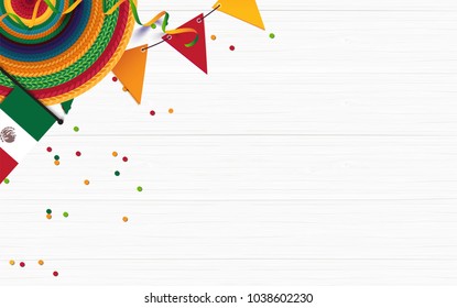 Mexican holiday background. Sombrero, mexican flag, confetti on white wooden background. Top view. Vector illustration