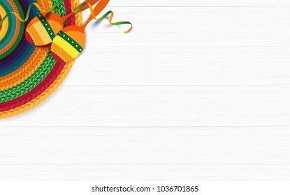 Mexican holiday background. Sombrero, macaras on white wooden background. Top view. Vector illustration