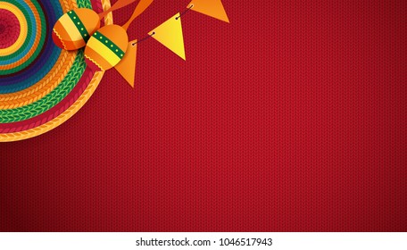 Mexican holiday background. Sombrero, macaras on red background. Top view. Vector illustration