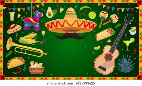 Marco de banner de vacaciones mexicanas con guitarra y maracas, sombrero y pinata, comida nacional. Borde vectorial con elementos festivos tradicionales y auténticos de México, instrumentos, decoración y comida tex mex