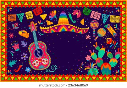 Mexican holiday banner or poster with sombrero, guitar and maracas, vector background. Mexico holiday fiesta or celebration party papel picado flags, chili pepper and burrito with cactus and flowers