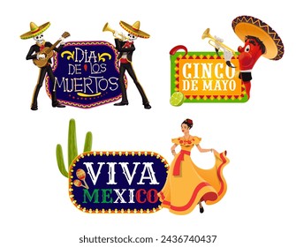 Mexican holiday banners for Cinco de Mayo and Dia de Los Muertos, vector set. Viva Mexico banners with chili pepper mariachi musician in sombrero, skeletons with guitar and woman in Mexican dress