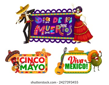 Mexican holiday banners with national characters for Cinco De Mayo and Dia De Los Muertos, vector greetings. Mexican mariachi musician in sombrero, Catrina calavera and funny chili pepper with guitar