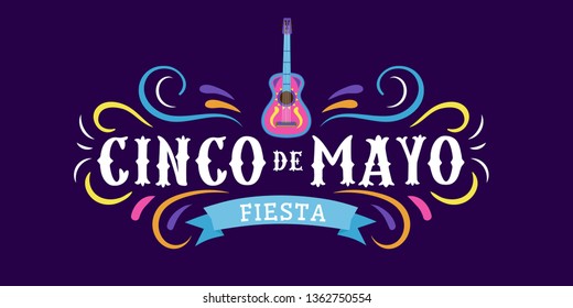 Mexican holiday card Cinco de Mayo 5 may. Decorative and traditional mexican elements guitar, sombrero. Mexican symbols. Vector greeting card