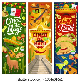 Mexican holiday Cinco de Mayo greeting banners with traditional Mexico celebration symbols. Vector Mexican 5th May fiesta party food nachos and tacos, Aztec and Maya pyramids, cactus tequila and lime