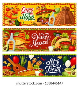 Mexican holiday of Cinco de Mayo vector greeting banners. Fiesta party guitar, maracas and sombrero, cactus, tequila and margarita, pinata, chilli tacos and nachos, balloons and Aztec pyramid