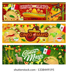 Mexican holiday Cinco de Mayo, traditional Mexico 5th May fiesta party celebration. Vector Mexican food tacos, nachos and tequila with avocado, Cinco de Mayo symbols of cactus, sombrero and mustache