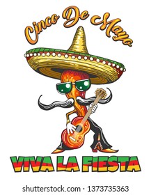 Mexican Holiday Cinco de Mayo Retro Poster with Pepper in Sombrero plays a guitar and spanish slogan Viva la fiesta what means live the party. Vector Illustration.