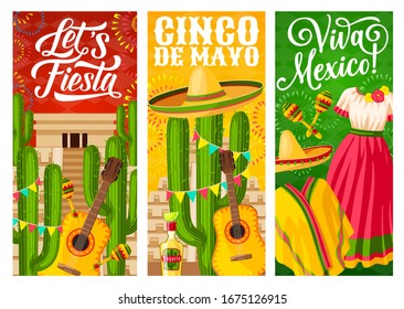 Mexican holiday of Cinco de Mayo fiesta vector banners. Mexico sombrero hats, maracas and cactuses, mariachi guitars and national costumes, aztec pyramid, bunting garlands and festive fireworks