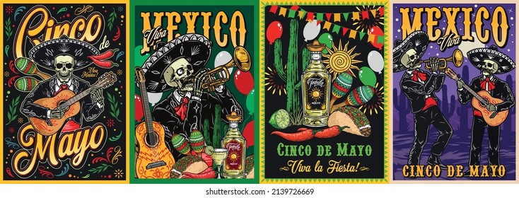 Mexican holiday colorful posters collection with mariachi musicians playing guitar and trumpet, tequila drink and taco, vector illustration