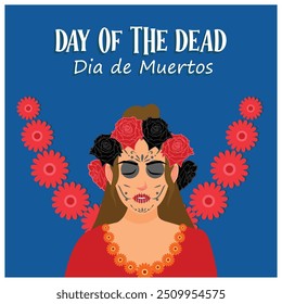 Un feriado mexicano conmemorando a los muertos. El cráneo de una mujer con maquillaje y una corona de flores. Concepto del Día de los Muertos. Ilustración vectorial plana.