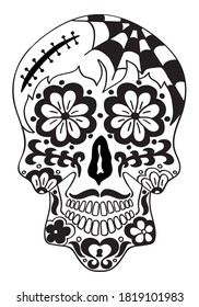 Mexican holiday Day of the Dead Celebration Festival and Halloween. Sugar skull  for poster, card, print, emblem, sign, tattoo, t-shirt. background. .  Black and white vector illustration 

