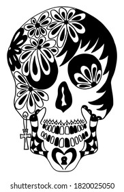 Mexican holiday Day of the Dead Celebration Festival and Halloween. Sugar skull  for poster, card, print, emblem, sign, tattoo, t-shirt. background. .  Black and white vector illustration 

