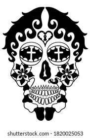 Mexican holiday Day of the Dead Celebration Festival and Halloween. Sugar skull  for poster, card, print, emblem, sign, tattoo, t-shirt. background. .  Black and white vector illustration 

